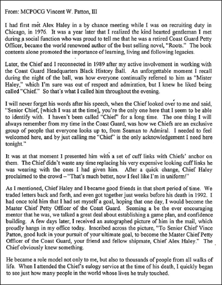 MCPOCG Vince Patton Letter about Alex Haley